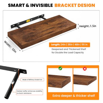 RICHER HOUSE 12 Inch Deep Floating Shelves, 36 Inch Long Wall Shelf, Brown - color: Brown, size: 36in