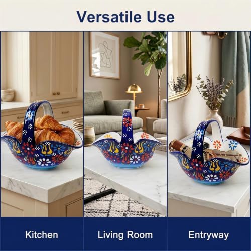 Ceramic Candy Dish, Small Fruit Basket with Handle, Key Holder, Decor Bowl - color: Cobalt Blue Embossed