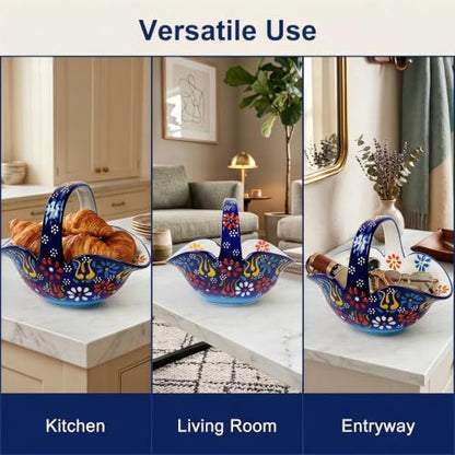 Ceramic Candy Dish, Small Fruit Basket with Handle, Key Holder, Decor Bowl - color: Cobalt Blue Embossed