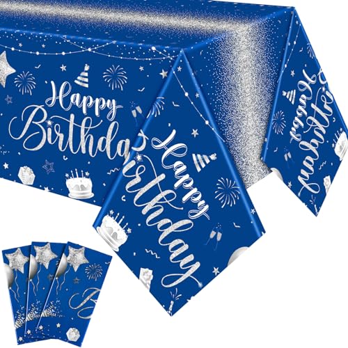 Tudomro 3 Pcs Plastic Happy Birthday Party Tablecloths,Blue Silver - color: Blue Silver