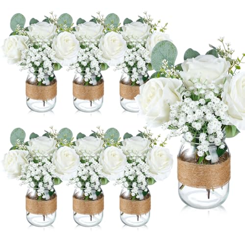 43 Pcs/ 6 Set White Rose Mason Jar Table Centerpiece Mason Jar Vases - size: Rose