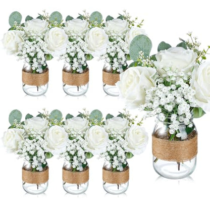 43 Pcs/ 6 Set White Rose Mason Jar Table Centerpiece Mason Jar Vases - size: Rose