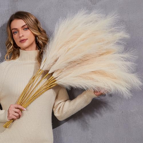 PERFNIQUE Pampas Grass Decor Tall, 9PCS Pompas, Large Faux Pampas Grass, 38'' Tall Pampas Grass for Floor Vase, Feathers for Vase, Boho Wedding Decor, Rustic Farmhouse Home Decor(Ivory) - color: Ivory