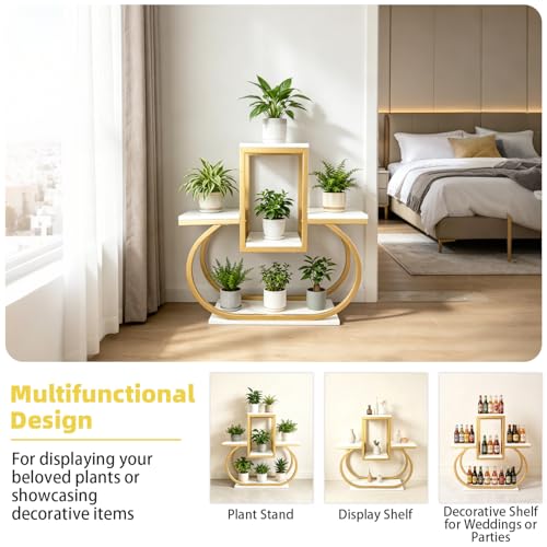 Corner Plant Stand Gold Indoor, Multi‑Tier Plant Shelf, Modern Flower Pot Holder with Marble‑Patterned Shelves for Living Room Bedroom Balcony Home Decoration Halloween Gifts