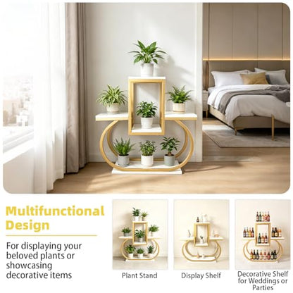Corner Plant Stand Gold Indoor, Multi‑Tier Plant Shelf, Modern Flower Pot Holder with Marble‑Patterned Shelves for Living Room Bedroom Balcony Home Decoration Halloween Gifts