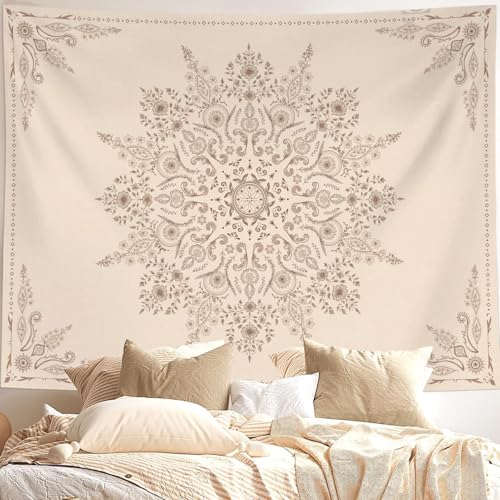Neasow Bohemian Tapestry Wall Hanging, Beige Grey Floral Tapestry with Mandala Flower Medallion Print Bedroom Boho Home Decor 36×48 inch - color: WhiteSimple2, size: 48"L x 36"W