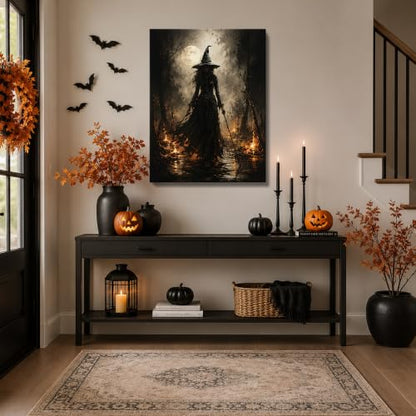 Halloween Canvas Wall Art, Dark Witch in Moonlit Forest Halloween Pictures - color: Halloween17, size: 6"Lx8"W