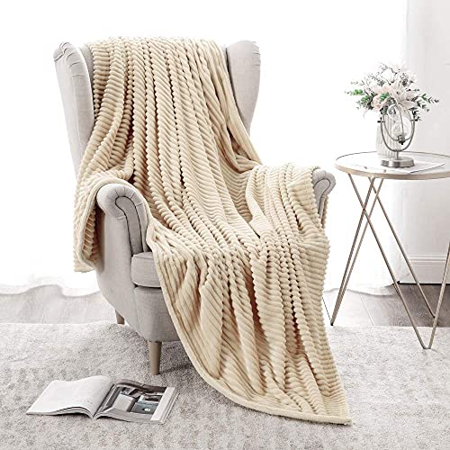 MIULEE Fleece Throw Blanket with Stripe Pattern Fuzzy Flannel Beige Blanket for Couch Plush Warm Cozy Bed Blanket Boho Decor for Bed Sofa Chair Throw Size 50"x60" - color: Beige, size: 50"x60"