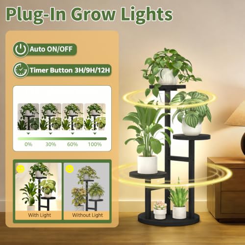LASZOLA Wood Small Plant Stand Table Indoor Tall with Lights, 3 Tier Black - color: Black with Light, size: 3 Tier