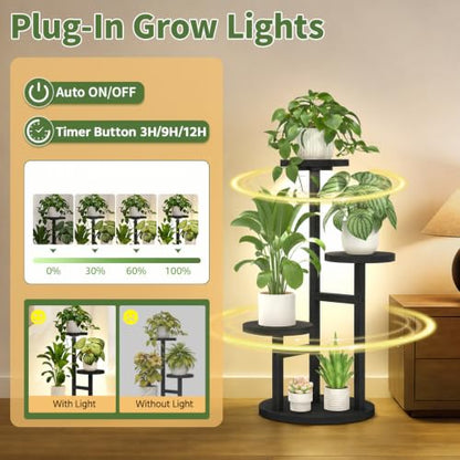 LASZOLA Wood Small Plant Stand Table Indoor Tall with Lights, 3 Tier Black - color: Black with Light, size: 3 Tier