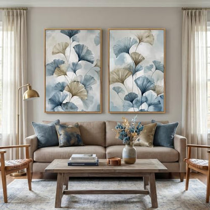 Large Framed Blue Neutral Botanical Ginkgo Wall Art Set of 2, 24x36 Inch - color: Neutral Blue, size: 24" W x 36" H x 2Pcs