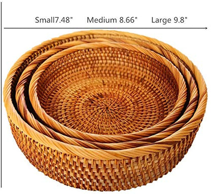 3 Pack Hadewoven Round Rattan Fruit Basket Wicker Food Tray Weaving Storage Holder Dinning Room Bowl, 10 Inch Small Wicker Basket Serving Tray Woven Basket for Bread,Snack,Brown(3-Size Kit) - size: 3-Size Kit (Includes 10")