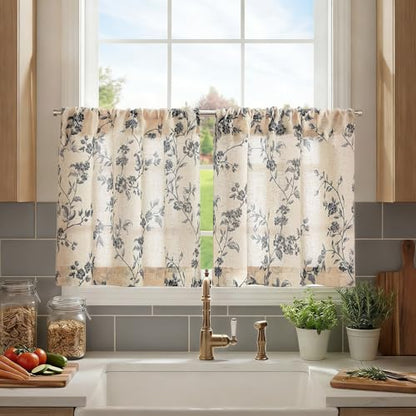 jinchan Floral Linen Kitchen Tier Curtains, 20 Inch, 2 Panels, Black - color: Alisa Black, size: 26"W x 20"L (Pack of 2)