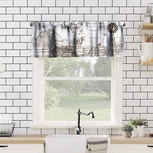 Rustic Farmhouse Valance Curtains, Retro Farm Inspirational Quote Wooden Plank Print Rod Pocket Valances for Kitchen Living Room Dinning Room Bedroom 1 Panel, 54x18 Inch - color: Farm-8