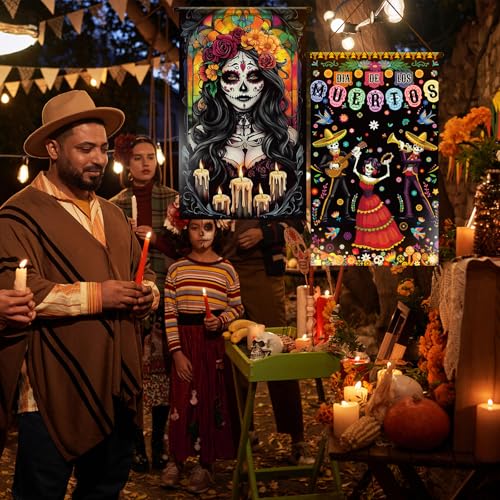Tegeme 3 Pcs Day of the Dead Door Flag Dia De Los Muertos Front Door Decor - style: Day of the Dead