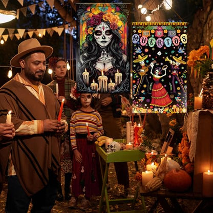 Tegeme 3 Pcs Day of the Dead Door Flag Dia De Los Muertos Front Door Decor - style: Day of the Dead
