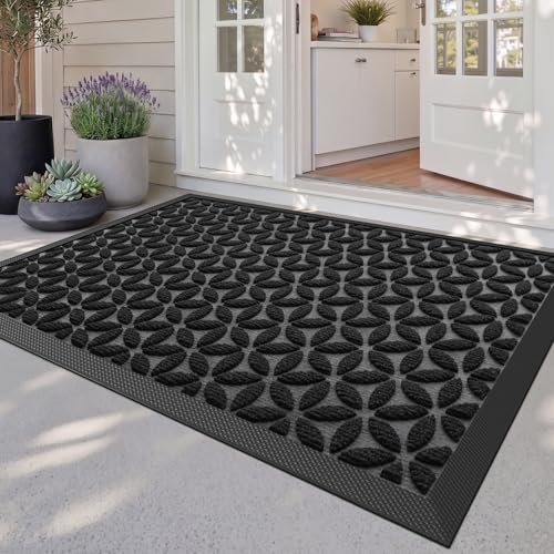 DEXI Front Door Mat Outside Entrance 32x48 Heavy Duty Rubber Entry Doormat | Hexafoil Floral, Dirt Trapper, Non Slip Low Profile Floor Mats for Entryway Exterior Patio - color: Hexafoil Floral, size: 32" X 48" (Rectangular)
