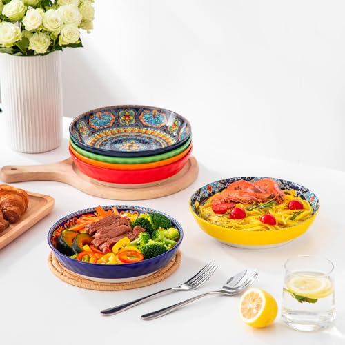 vancasso 32 Oz Pasta Bowls, Porcelain Large Colorful Salad Soup Bowls Set of 6, Pasta Serving Bowls Plates for Kitchen, Dishwasher & Microwave Safe, Series KRVI - color: Boho