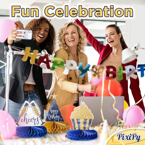 Happy Birthday Table Decoration Centerpieces - 8 Pieces, Blue & Gold - Double-Sided Happy Birthday Centerpieces for Tables - Party Supplies for Elegant Birthday Decorations - by PixiPy - style: Blue & Gold (Pack of 8)
