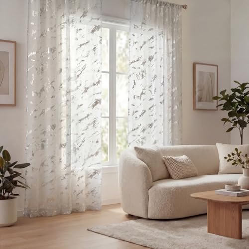 Horaldaily 2Pcs White Sheer Curtains 52x63in, Silver Sequin Marble - color: White and Sliver, size: 52"W x 63"L (Pack of 2)