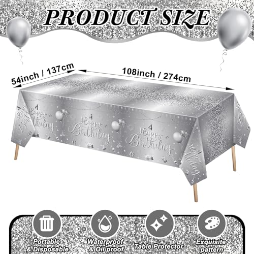 Tudomro 3 Pcs Plastic Happy Birthday Party Tablecloths,Silver - color: Silver