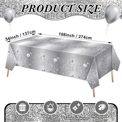 Tudomro 3 Pcs Plastic Happy Birthday Party Tablecloths,Silver - color: Silver