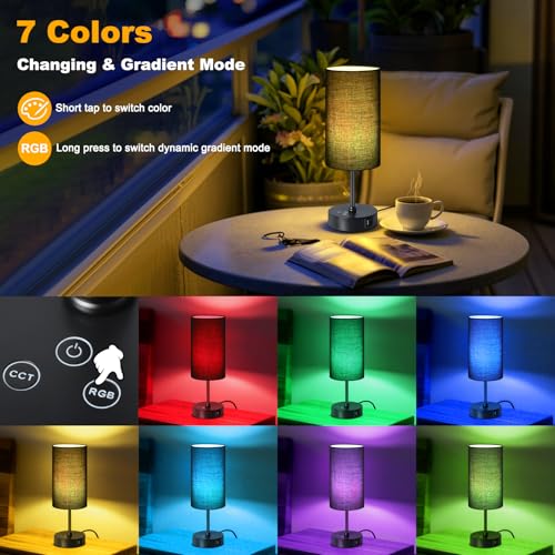 Unicozin Table Lamp with 3 CCT (3000K/4500K/6500K), Stepless Dimmable Bedside Lamp with 7 Color Changing, Modern Nightstand Light with Black Shade for Bedroom, Kids Room, Home, Office - color: Black, size: 14.5in