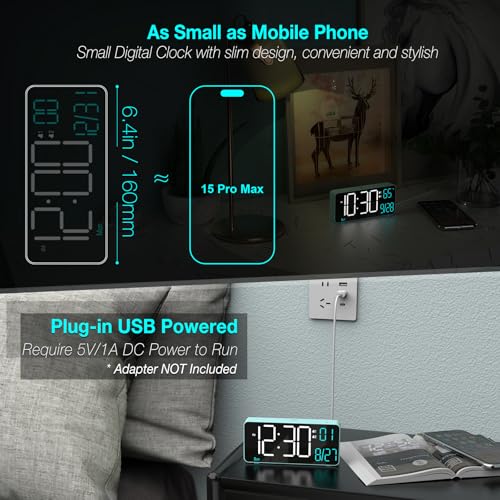KOSUMOSU Digital Alarm Clock for Bedroom, 6.7in Desk Clock LED, Auto Dimming, Room Temperature, Day of The Week, Date, Seconds, Clocks for Living Room, Alarm Clocks for Bedrooms - color: Blue (White + Blue Digits)