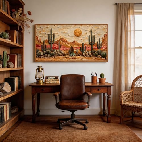 Aurlan 3D Textured Cactus Arizona Desert Framed Canvas Wall Art 40x20 Inch - color: Cactus Desert (3D Textured), size: 40"L x 20"W