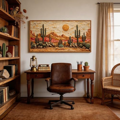 Aurlan 3D Textured Cactus Arizona Desert Framed Canvas Wall Art 40x20 Inch - color: Cactus Desert (3D Textured), size: 40"L x 20"W
