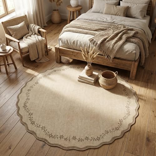 GarveeHome Round Rugs 6ft Scalloped Washable Circle Rug for Dining Room - color: Jute, size: 6' (Round)