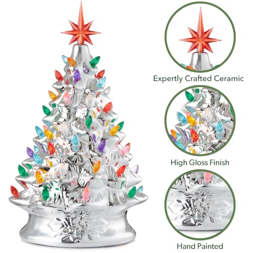 Casafield Hand Painted Ceramic Christmas Tree, Silver 15-Inch Pre-Lit Tree with 128 Multi Color Lights and 2 Star Toppers - color: Silver