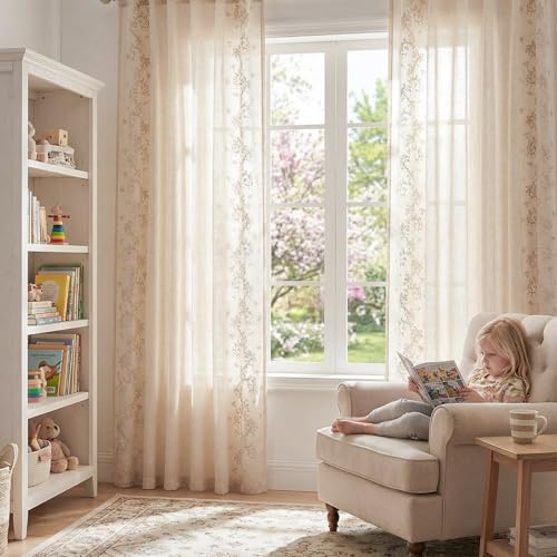 jinchan Floral Linen Curtains, Back Tab 50x96 Inch, 2 Panels Beige - color: Vine | Beige, size: 50"W x 96"L (Pack of 2)