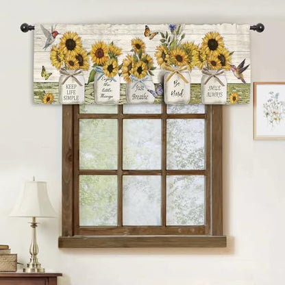 Miyotaa Rustic Farmhouse Sunflower Kitchen Curtain Valance 54W x 18H Rod Pocket Coutry Quotes Inspirational Motivational Positive Wood Wooden Window Treatment for Living Room Bedroom Bathroom - color: White Wood Sunflower, size: 54"W x 18"L (Pack of 1)