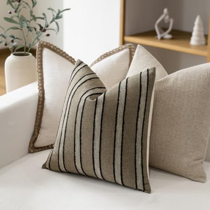 FIOUOVO Striped Linen Throw Pillow Covers 18x18 Set of 2, Taupe - color: Taupe, size: 18" x 18" (Pack of 2)