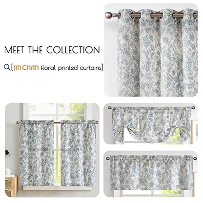 jinchan Blue Floral Kitchen Tier Curtains Botanic 24 Inch Tie Top 2 Panles - color: Devon Blue on Linen, size: 26"W x 24"L (Pack of 2)