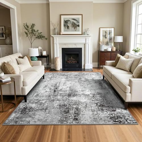 Living Room Area Rug 7x10 Rugs Modern Machine Washable Rug Non Slip Low Pile Large Abstract Rug for Living Room, Bedroom, Farmhouse, Dining Room, Black&Grey - color: Dark Grey, size: 7' x 10' (Rectangular)