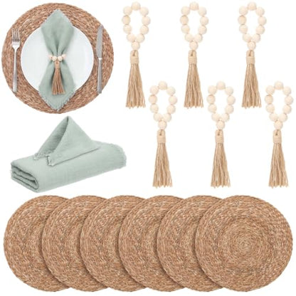 Fanfanwin Set of 6 Woven Placemats with Sage Green Napkins, 13" - color: Sage Green