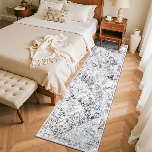 Ileading Washable Hallway Runner Rugs, 2x8 Non Slip Runners Area Rug for Entryway Kitchen Bathroom Bedroom Laundry Living Room, Long Narrow Low-Pile Floor Carpet Boho Vintage Throw Mat for Kids Room - color: Blue&grey, size: 2' x 8' (Rectangular)