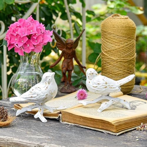 Sungmor Cast Iron Small Bird with Branch Statues, 2 Pack Antique White - color: White & Birds