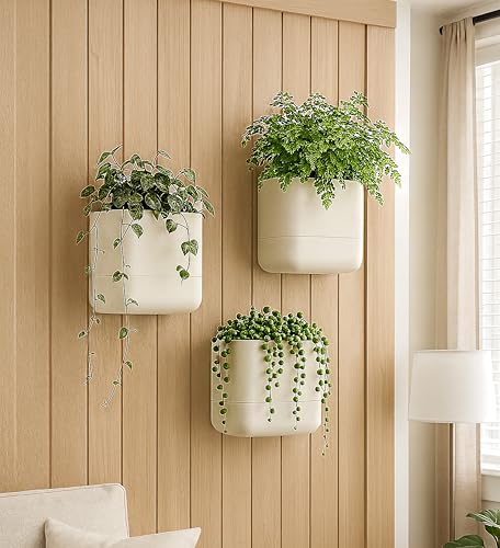 Phoenix Vine 6.5 Inch Wall Mounted Self-Watering Planter Pots for Indoor Houseplants and Herbs | Hanging Planter for Window Sills, Bathroom Walls, Home & Office Décor, Oatmeal, Set of 3, 01-C-G-3 - color: Oatmeal, size: 6.5" (3 Pack)