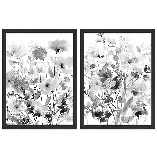 Botanical Canvas Prints Wall Art Black & White Wildflower Pictures Rustic Floral Paintings Decor 2 Panels Modern Framed Artwork for Bathroom Livingroom Bedroom Office Kitchen 12x 16 inches (Black - color: Wild Flower Black Frame