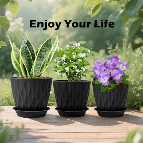 GARDIFE 7 Pack Plant Pots 4-7 inch with Drainage Holes and Tray, Black - color: Black