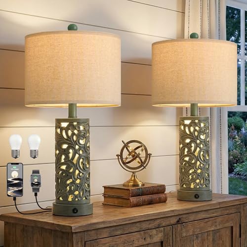 OYEARS 22'' Table Lamp Set of 2 for Living Room, Farmhouse Lamp for Bedroom, Vintage Bedside Lamps with Retro Design and USB Ports, Linen Shade for Home Office (Bulb Included, Green) - color: Vintage Green