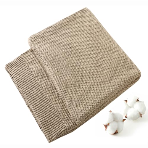 TREELY 100% Cotton Khaki Knitted Throw Blanket 50"x60" - color: Khaki, size: Throw(50" x 60")