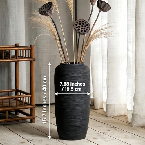 Black Rustic Ceramic Floor Vase, 15.7 Inch, Ribbed Texture - size: 15.7 Inch