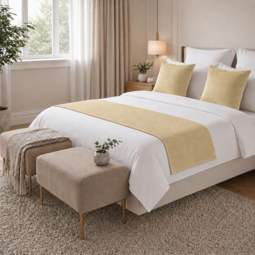 Solid Bed Runner Set,2 Pillow Covers,Mustard Yellow,70.9x19.7in - color: Mustard Yellow, size: Twin/Twin XL