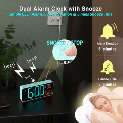KOSUMOSU Alarm Clock for Bedroom, 6.7in Small Digital Clock, Auto Dimming, Room Temperature, Day of The Week, Date, Alarm Clocks for Living Room, Desk Clocks - color: Blue (Blue + Orange Digits)
