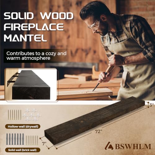 72x7x3in Solid Pine Wood Fireplace Mantel, Weathered Black - color: Weathered Black, size: 72x3x7-solid