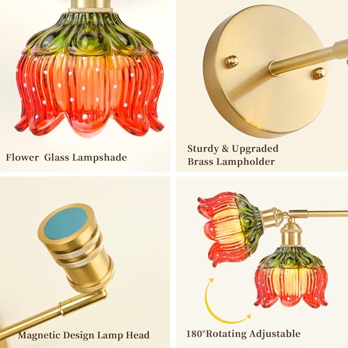 Battery Operated Wall Sconces Set of 2, Red Tulip Glass Wall Lights | Rechargeable flower wall lamps with remote control, 15 colors, 10-level dimming and timer for bedroom and living room - color: Red